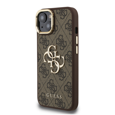 Apple iPhone 15 Case Guess Original Licensed PU Leather 4G Patterned Metal Big 4G and Text Logo Camera Stand Cover - 27