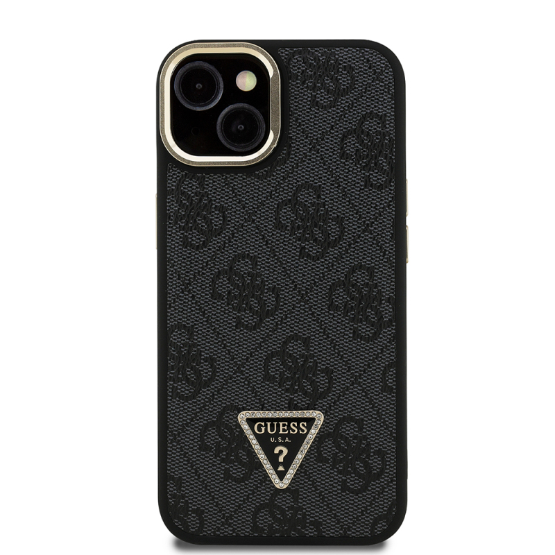 Apple iPhone 15 Case Guess Original Licensed PU Leather Stone Triangle Logo 4G Patterned Camera Stand Cover - 4