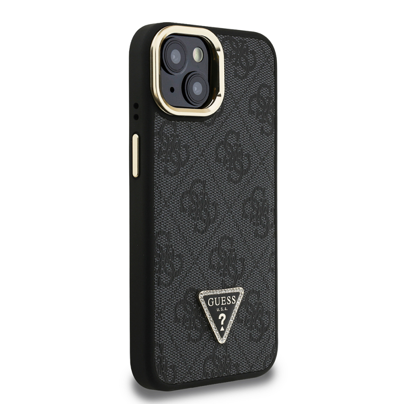 Apple iPhone 15 Case Guess Original Licensed PU Leather Stone Triangle Logo 4G Patterned Camera Stand Cover - 5