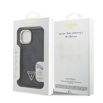 Apple iPhone 15 Case Guess Original Licensed PU Leather Stone Triangle Logo 4G Patterned Camera Stand Cover - 9