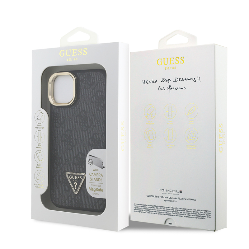 Apple iPhone 15 Case Guess Original Licensed PU Leather Stone Triangle Logo 4G Patterned Camera Stand Cover - 9