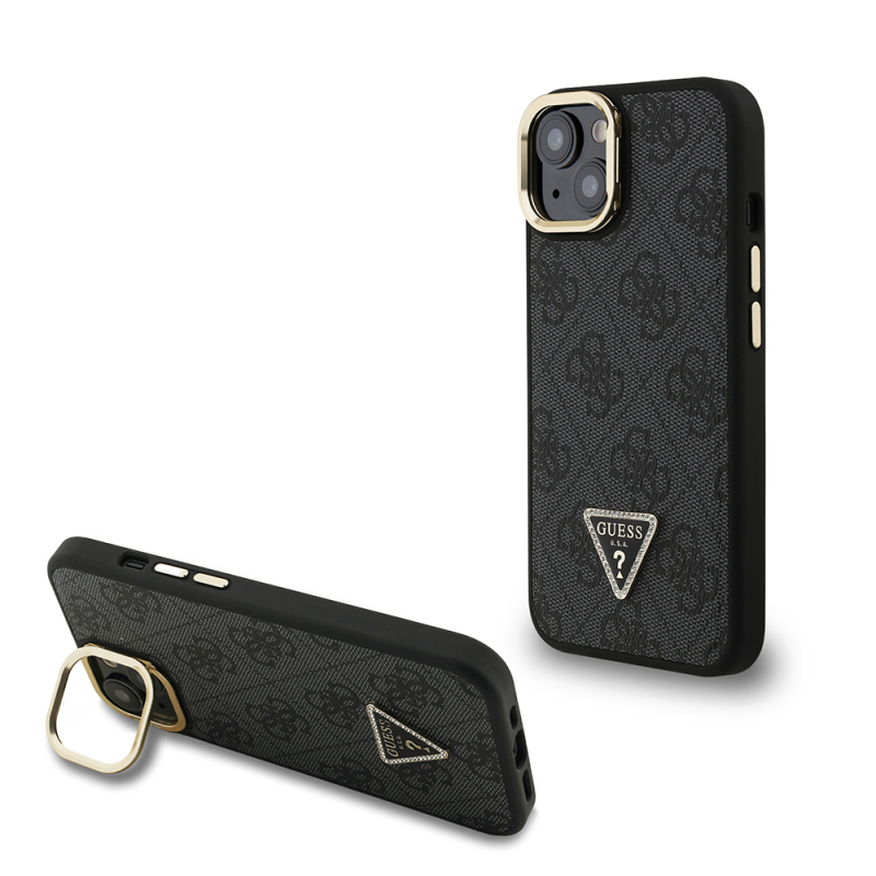 Apple iPhone 15 Case Guess Original Licensed PU Leather Stone Triangle Logo 4G Patterned Camera Stand Cover - 2
