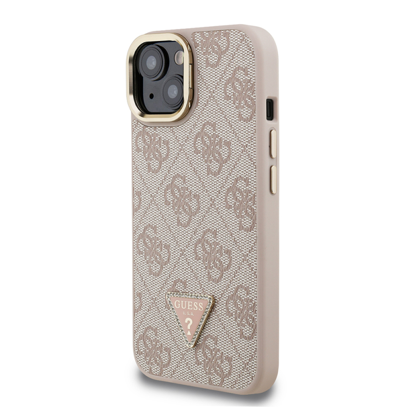 Apple iPhone 15 Case Guess Original Licensed PU Leather Stone Triangle Logo 4G Patterned Camera Stand Cover - 12