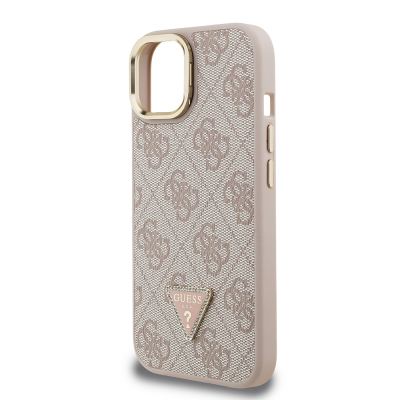Apple iPhone 15 Case Guess Original Licensed PU Leather Stone Triangle Logo 4G Patterned Camera Stand Cover - 16