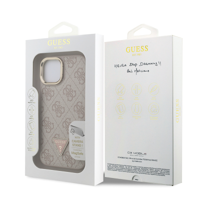 Apple iPhone 15 Case Guess Original Licensed PU Leather Stone Triangle Logo 4G Patterned Camera Stand Cover - 18
