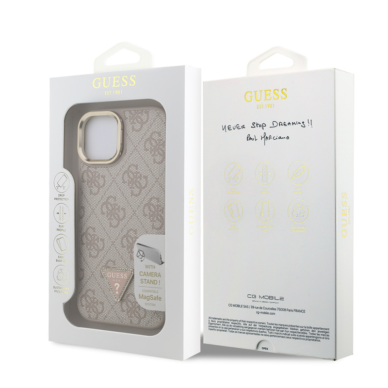 Apple iPhone 15 Case Guess Original Licensed PU Leather Stone Triangle Logo 4G Patterned Camera Stand Cover - 18