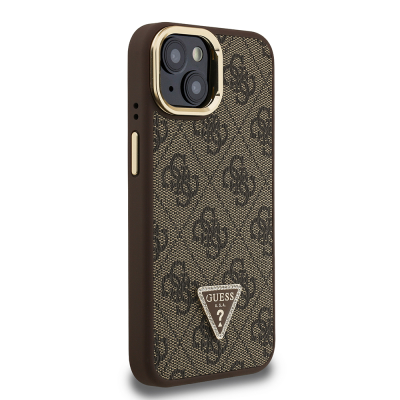 Apple iPhone 15 Case Guess Original Licensed PU Leather Stone Triangle Logo 4G Patterned Camera Stand Cover - 21