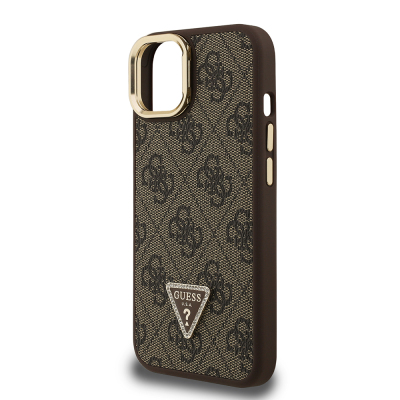 Apple iPhone 15 Case Guess Original Licensed PU Leather Stone Triangle Logo 4G Patterned Camera Stand Cover - 23