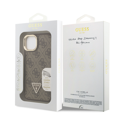 Apple iPhone 15 Case Guess Original Licensed PU Leather Stone Triangle Logo 4G Patterned Camera Stand Cover - 25