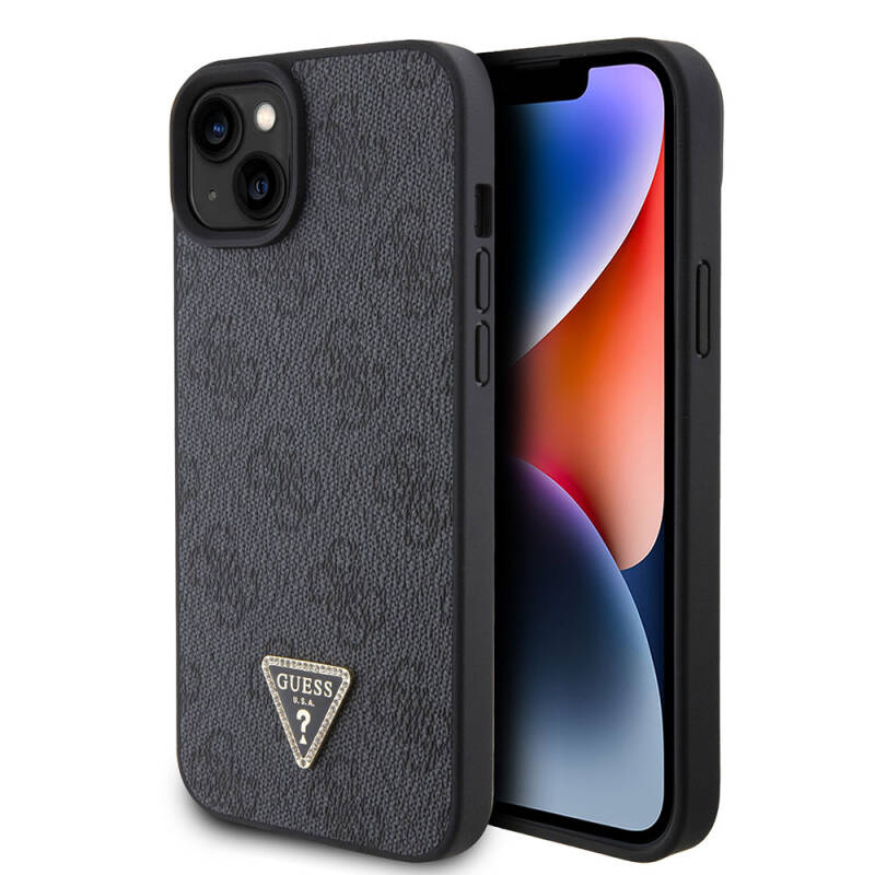 Apple iPhone 15 Case Guess Original Licensed PU Leather Stoned Triangle Logo 4G Patterned Strass Cover - 1