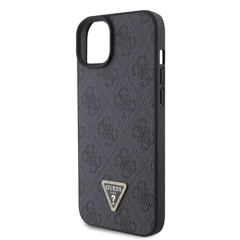 Apple iPhone 15 Case Guess Original Licensed PU Leather Stoned Triangle Logo 4G Patterned Strass Cover - 5