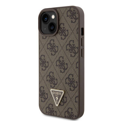 Apple iPhone 15 Case Guess Original Licensed PU Leather Stoned Triangle Logo 4G Patterned Strass Cover - 9