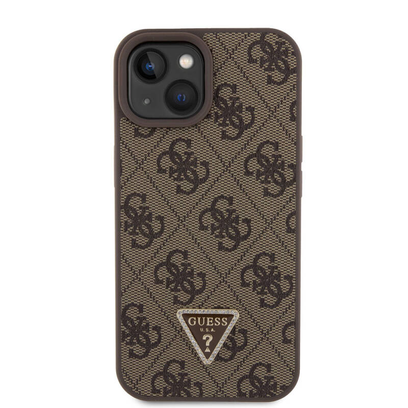 Apple iPhone 15 Case Guess Original Licensed PU Leather Stoned Triangle Logo 4G Patterned Strass Cover - 10