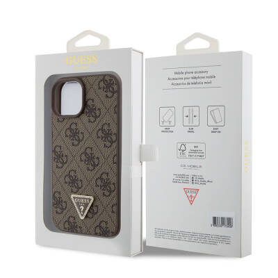 Apple iPhone 15 Case Guess Original Licensed PU Leather Stoned Triangle Logo 4G Patterned Strass Cover - 14