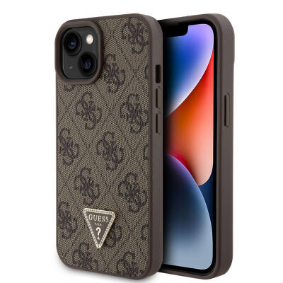 Apple iPhone 15 Case Guess Original Licensed PU Leather Stoned Triangle Logo 4G Patterned Strass Cover - 15