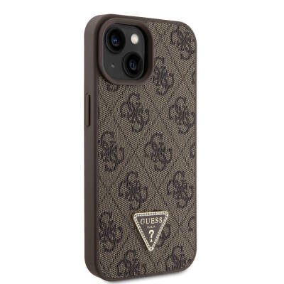 Apple iPhone 15 Case Guess Original Licensed PU Leather Stoned Triangle Logo 4G Patterned Strass Cover - 16