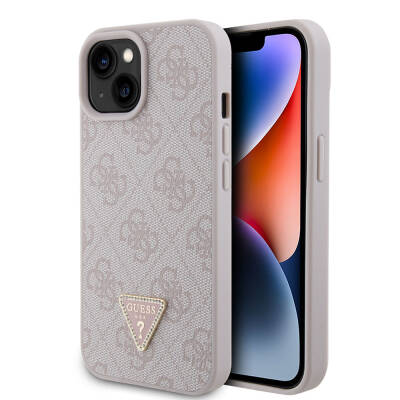 Apple iPhone 15 Case Guess Original Licensed PU Leather Stoned Triangle Logo 4G Patterned Strass Cover - 17