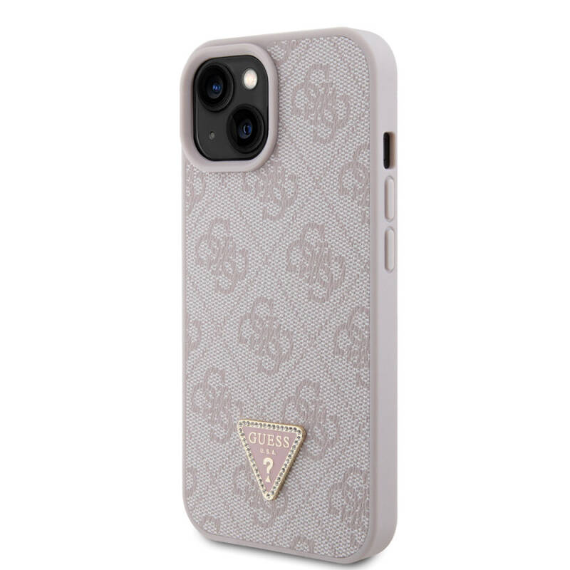 Apple iPhone 15 Case Guess Original Licensed PU Leather Stoned Triangle Logo 4G Patterned Strass Cover - 18