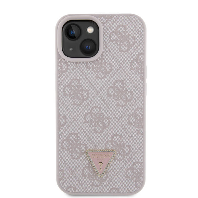 Apple iPhone 15 Case Guess Original Licensed PU Leather Stoned Triangle Logo 4G Patterned Strass Cover - 19