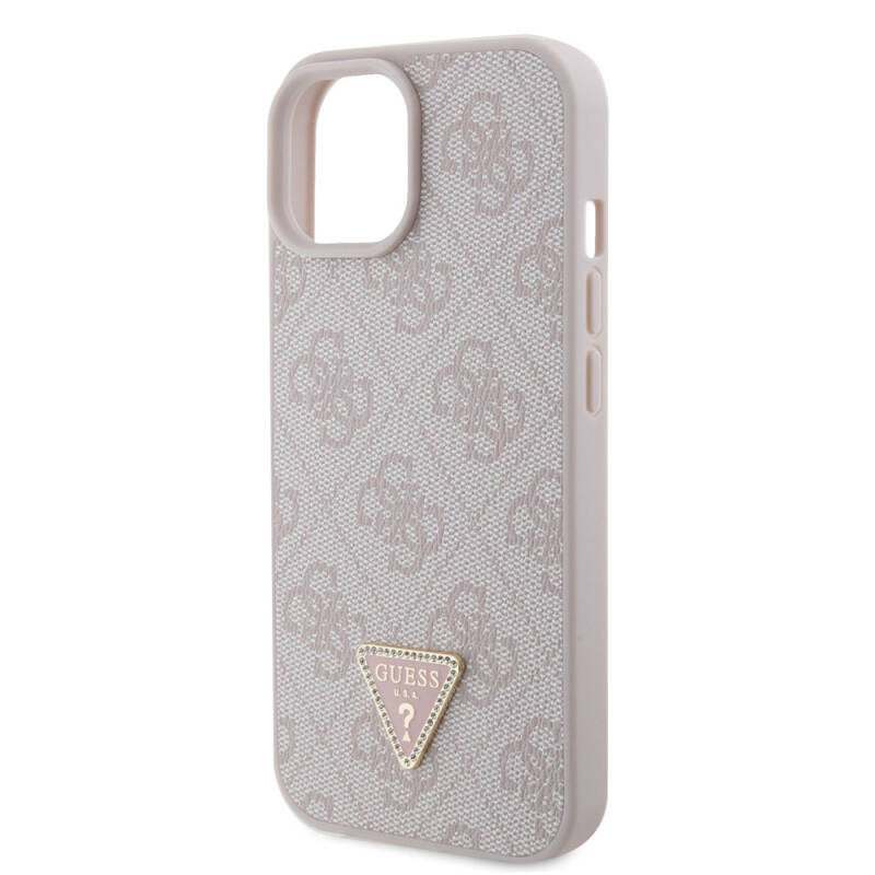 Apple iPhone 15 Case Guess Original Licensed PU Leather Stoned Triangle Logo 4G Patterned Strass Cover - 21