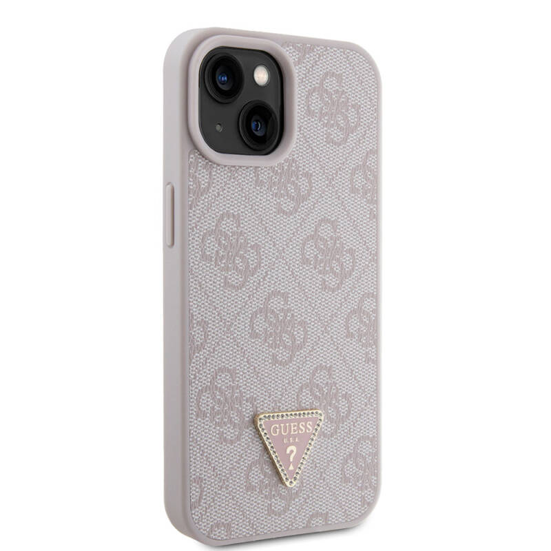 Apple iPhone 15 Case Guess Original Licensed PU Leather Stoned Triangle Logo 4G Patterned Strass Cover - 24