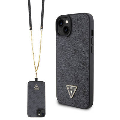 Apple iPhone 15 Case Guess Original Licensed PU Leather Strap Stoned Triangle Logo 4G Patterned Strass Crossbody Cover - 1