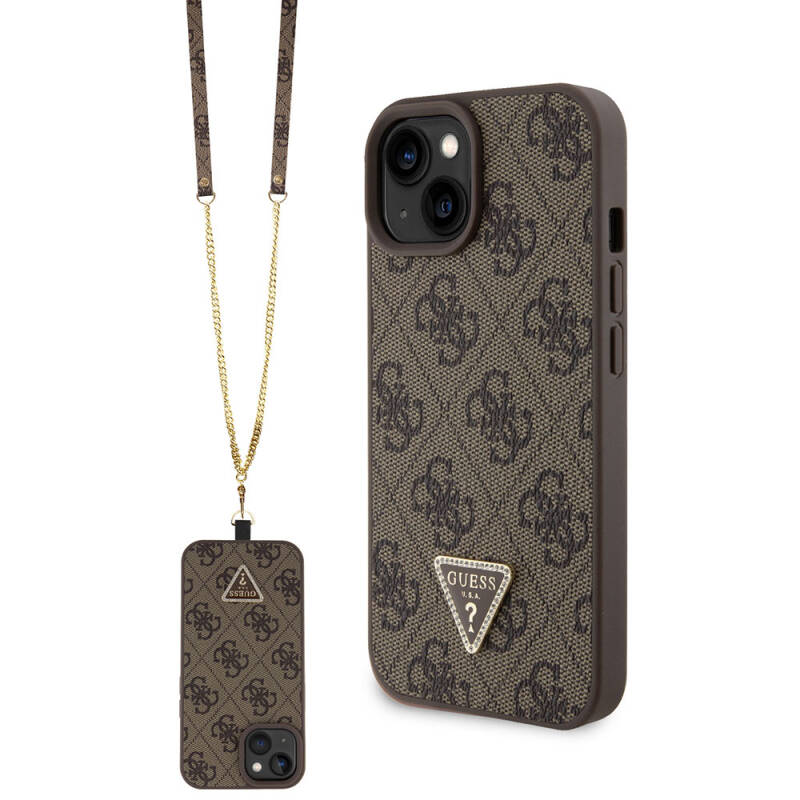 Apple iPhone 15 Case Guess Original Licensed PU Leather Strap Stoned Triangle Logo 4G Patterned Strass Crossbody Cover - 10