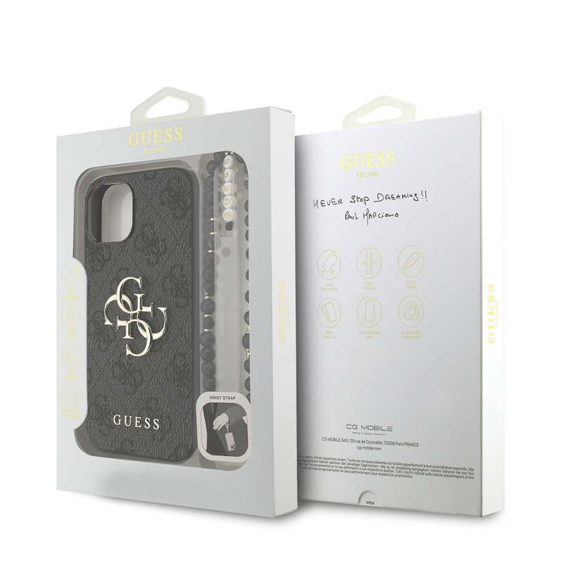 Apple iPhone 15 Case Guess Original Licensed PU Leather Wrist Strap Rope Metal Large 4G and Text Logo Cover - 11