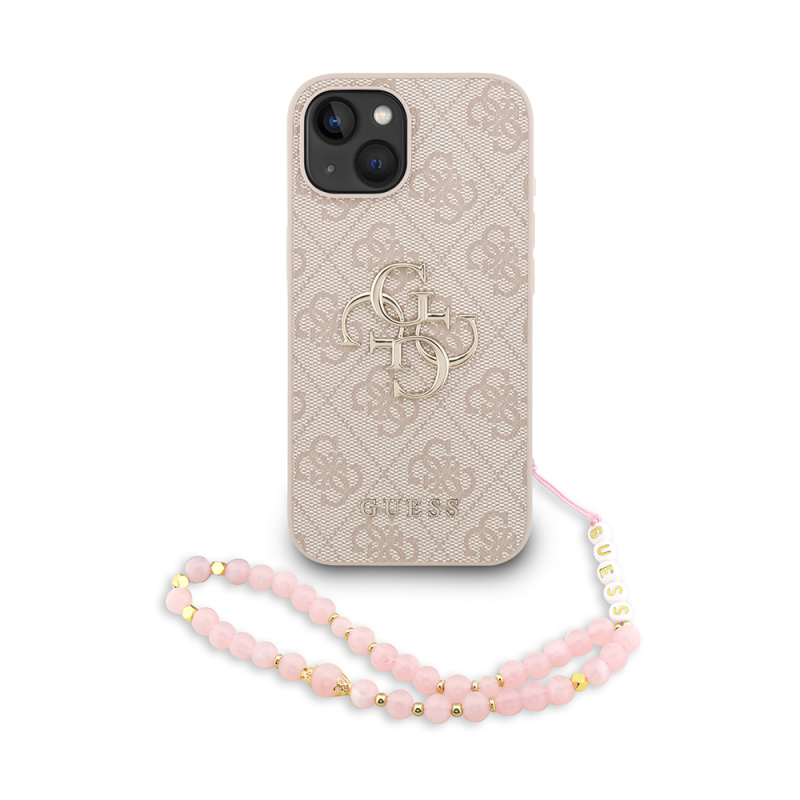 Apple iPhone 15 Case Guess Original Licensed PU Leather Wrist Strap Rope Metal Large 4G and Text Logo Cover - 3