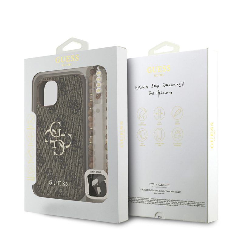 Apple iPhone 15 Case Guess Original Licensed PU Leather Wrist Strap Rope Metal Large 4G and Text Logo Cover - 25