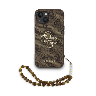 Apple iPhone 15 Case Guess Original Licensed PU Leather Wrist Strap Rope Metal Large 4G and Text Logo Cover - 4