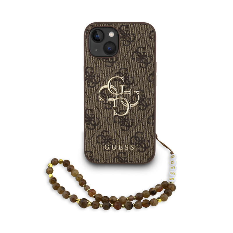Apple iPhone 15 Case Guess Original Licensed PU Leather Wrist Strap Rope Metal Large 4G and Text Logo Cover - 4