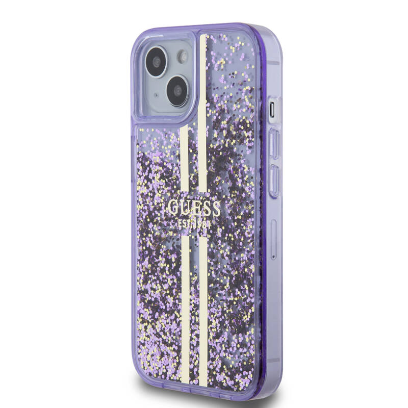 Apple iPhone 15 Case Guess Original Licensed Transparent Liquid Glitter Gold Striped Cover - 3