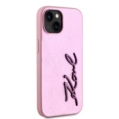 Apple iPhone 15 Case Karl Lagerfeld Original Licensed 3D KL Written Furry Back Surface Saffiano Rhinestones Cover - 6