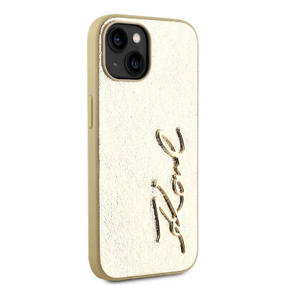 Apple iPhone 15 Case Karl Lagerfeld Original Licensed 3D KL Written Furry Back Surface Saffiano Rhinestones Cover - 13