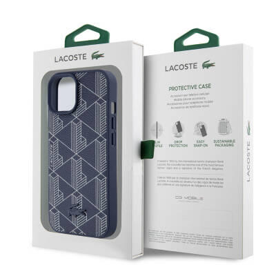 Apple iPhone 15 Case Lacoste Original Licensed Magsafe Charging Feature PU Leather Appearance Mixed Monogram Patterned Cover - 9