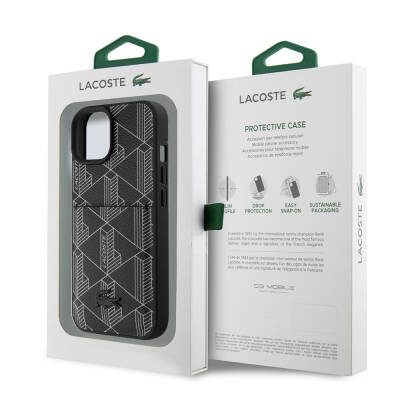 Apple iPhone 15 Case Lacoste Original Licensed Magsafe Charging Featured PU Leather Look Mixed Monogram Patterned Cover with Card Holder - 17
