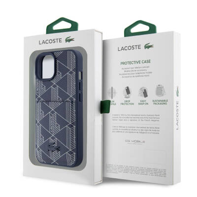 Apple iPhone 15 Case Lacoste Original Licensed Magsafe Charging Featured PU Leather Look Mixed Monogram Patterned Cover with Card Holder - 9