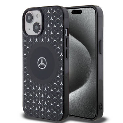 Apple iPhone 15 Case Mercedes Benz Original Licensed Magsafe Charging Feature Double Layer Mini Star Pattern Cover - 1