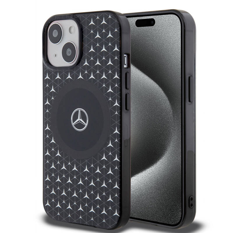 Apple iPhone 15 Case Mercedes Benz Original Licensed Magsafe Charging Feature Double Layer Mini Star Pattern Cover - 9