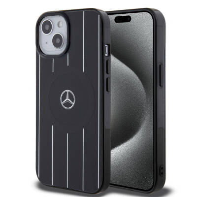 Apple iPhone 15 Case Mercedes Benz Original Licensed Magsafe Double Layer Parallel Line Patterned Charge Cover - 1