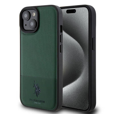 Apple iPhone 15 Case U.S. Polo Assn. Original Licensed Faux Leather Back Surface Printing Logo Knitted Patterned Cover - 1
