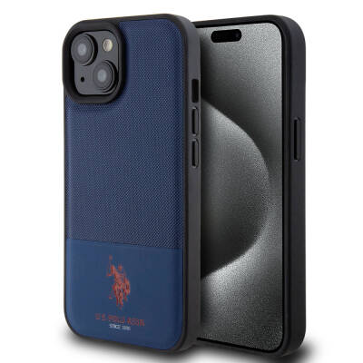 Apple iPhone 15 Case U.S. Polo Assn. Original Licensed Faux Leather Back Surface Printing Logo Knitted Patterned Cover - 18