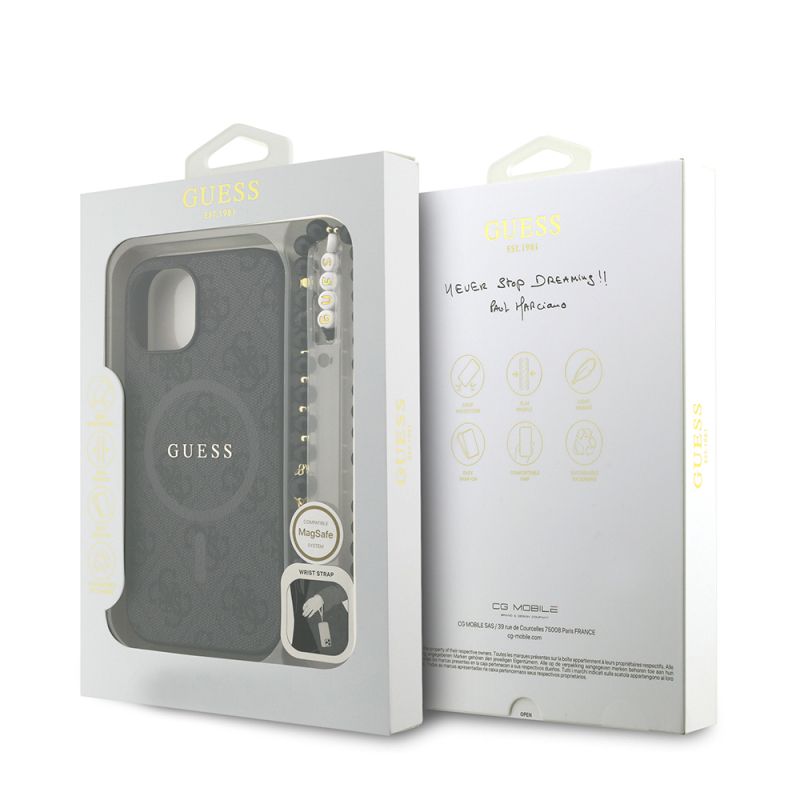 Apple iPhone 15 Kılıf Guess Orjinal Lisanslı M-safe Şarj Özellikli PU Deri Bilek Askı İpli Yazı Logolu Kapak - 9