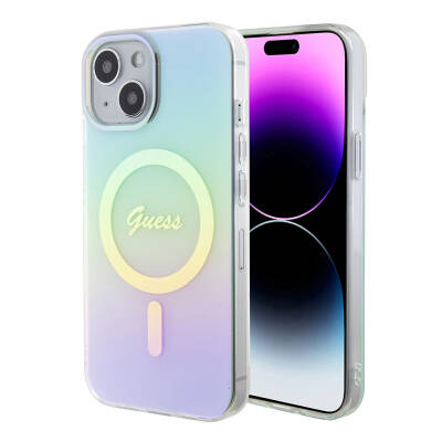 Apple iPhone 15 Kılıf Guess Orjinal Lisanslı Magsafe Şarj Özellikli Yazı Logolu Iridescent Kapak - 9