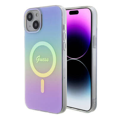 Apple iPhone 15 Kılıf Guess Orjinal Lisanslı Magsafe Şarj Özellikli Yazı Logolu Iridescent Kapak - 17