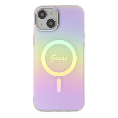 Apple iPhone 15 Kılıf Guess Orjinal Lisanslı Magsafe Şarj Özellikli Yazı Logolu Iridescent Kapak - 27