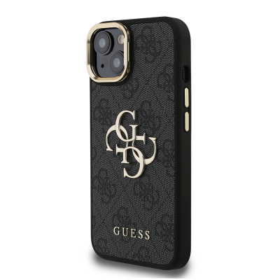 Apple iPhone 15 Kılıf Guess Orjinal Lisanslı PU Deri 4G Desenli Metal Büyük 4G ve Yazı Logolu Kamera Standlı Kapak - 6