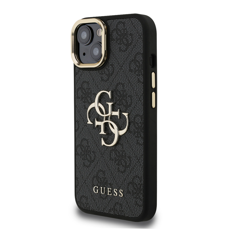 Apple iPhone 15 Kılıf Guess Orjinal Lisanslı PU Deri 4G Desenli Metal Büyük 4G ve Yazı Logolu Kamera Standlı Kapak - 6