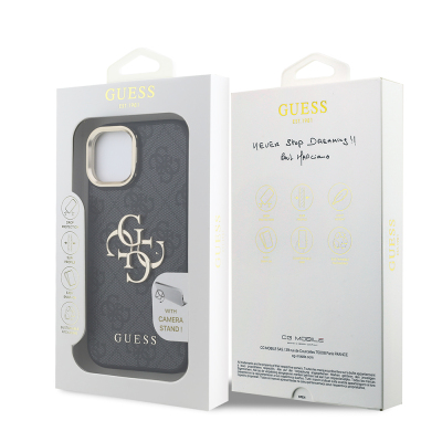 Apple iPhone 15 Kılıf Guess Orjinal Lisanslı PU Deri 4G Desenli Metal Büyük 4G ve Yazı Logolu Kamera Standlı Kapak - 12